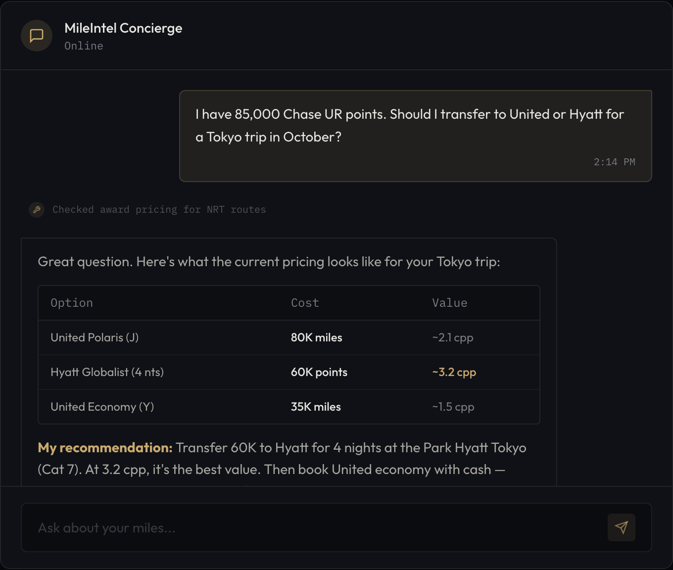 MileIntel Concierge comparing Chase UR transfer options for a Tokyo trip