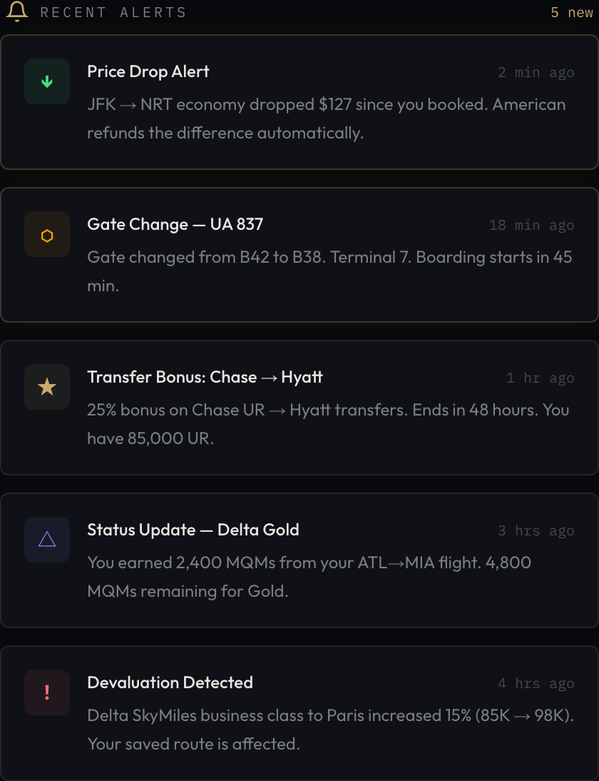 MileIntel push notification alerts showing price drops, gate changes, transfer bonuses, and devaluation warnings